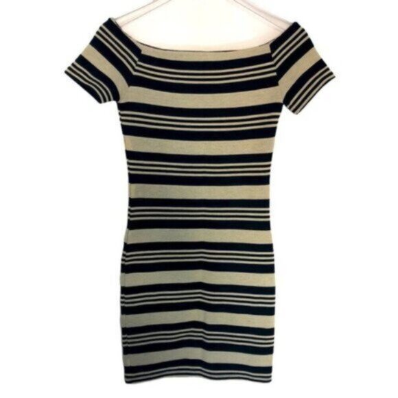 Topshop Bodycon Dress Tan & Black Stripe Mini Dress Size 4 - Picture 2 of 6